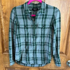 Madewell Green and Gray Plaid Half-Zip Shirt